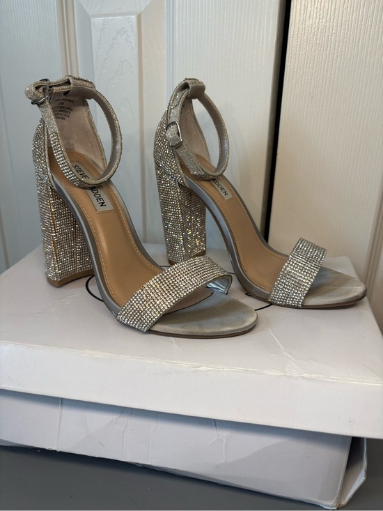 Steve Madden Shoes - Steve Madden Silver Rhinestone Block Heel Sandals with Ankle Strap